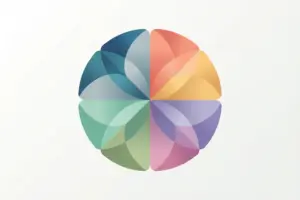 An abstract flower made of eight overlapping petal shapes in four paired colors, arranged in a circle.