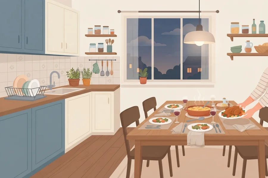 A home-cooked dinner being set on a table in a warm, lived-in kitchen.