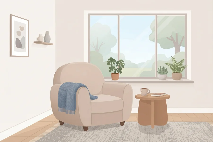 Ilustración de un salón sereno y luminoso, con un sillón individual y una manta, una mesita con una taza y un libro, y una ventana grande con plantas en el alféizar y árboles al otro lado.