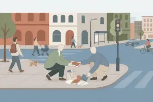 Two strangers crouching on a city sidewalk, helping each other gather papers and books that spilled from a bag