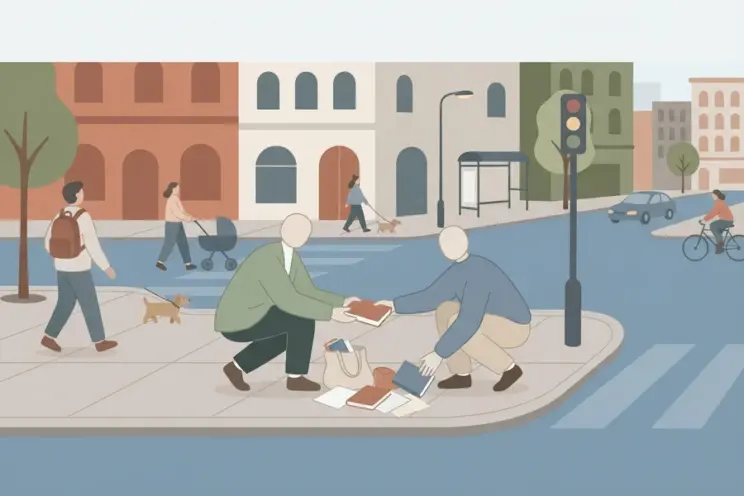 Two strangers crouching on a city sidewalk, helping each other gather papers and books that spilled from a bag