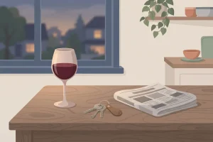 A glass of red wine, a set of house keys, and a folded newspaper on a wooden table at dusk.