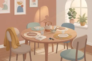 Illustration of a round dining table set for four, with matching plates, glasses, and a teapot arranged evenly, a book and a set of keys resting near the center.