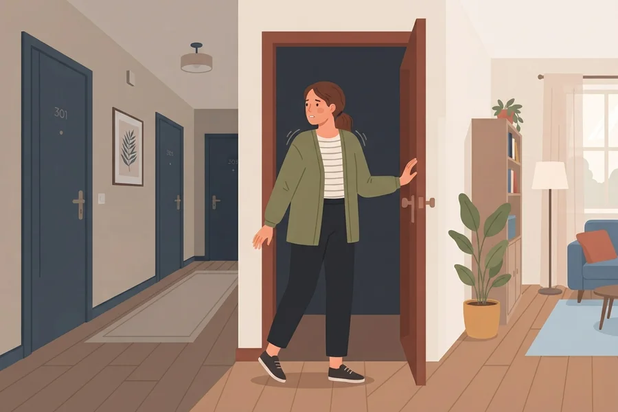 Una mujer se queda de pie en la puerta de un piso por la noche, con gesto tenso e inseguro.