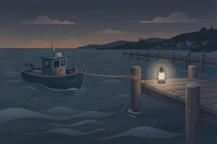 Un bote amarrado a un muelle de noche, junto a un farol encendido que ilumina el embarcadero.