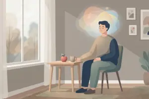 A man sitting in a chair with his eyes closed, a soft cloud of colorful shapes above his head and an apple on the table beside him.