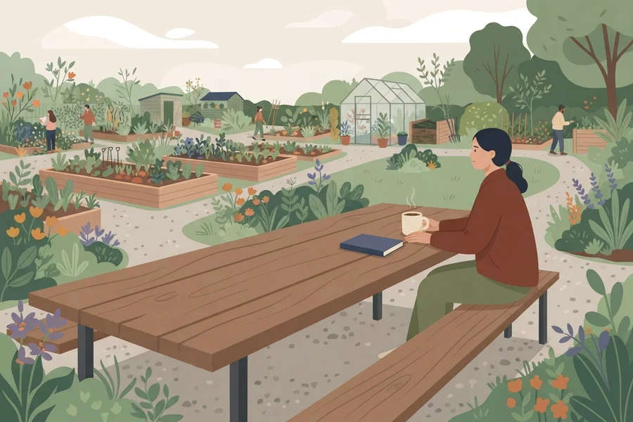 A woman sitting quietly alone at a table in a garden, holding a cup of coffee.