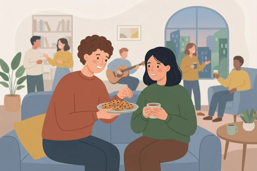 Two people talking closely on a couch while a lively gathering goes on around them.