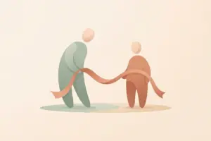 Two illustrated figures connected by a winding ribbon between their hands, one leaning attentively toward the other.