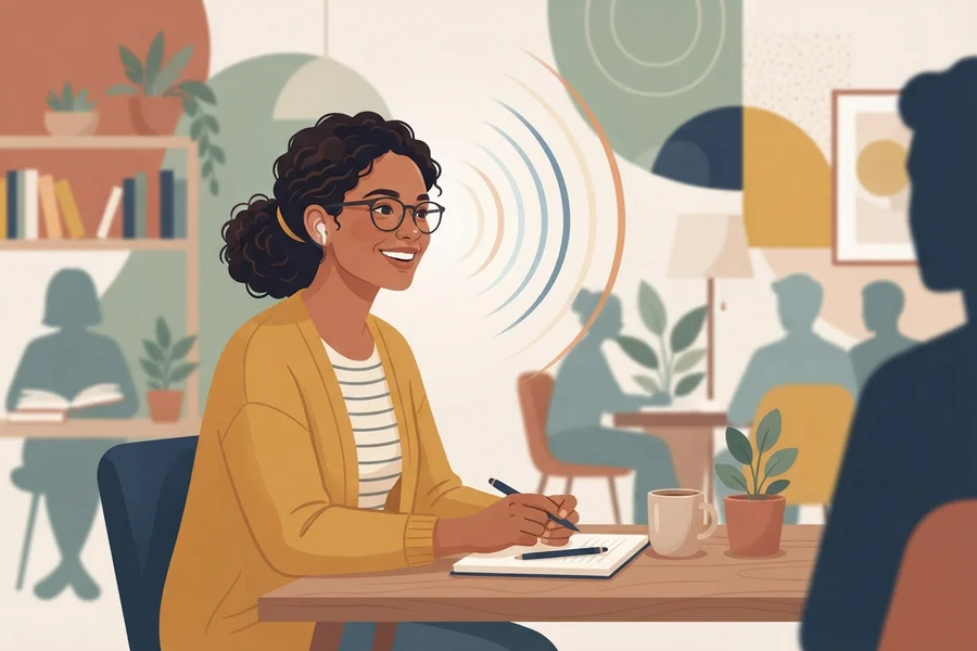 Ilustración de una persona escuchando y conversando para aprender.