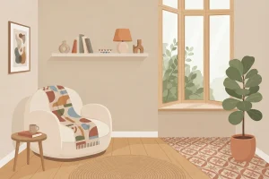 Illustration of a calm, softly furnished living room with a subtle geometric pattern on a throw blanket, representing the autism test.