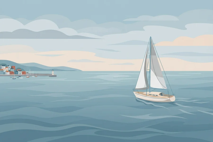 Un velero navegando solo en mar abierto, con la costa apenas visible al fondo.