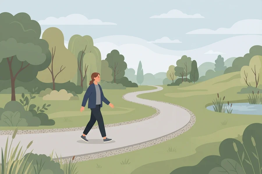 Ilustración de una persona caminando con tranquilidad por un sendero sinuoso en un parque verde.