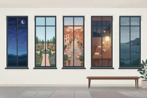 Five tall windows in a pale room, each looking out on a different scene: a starry sky, a formal garden, a town square, a lit dining room and rain over water.