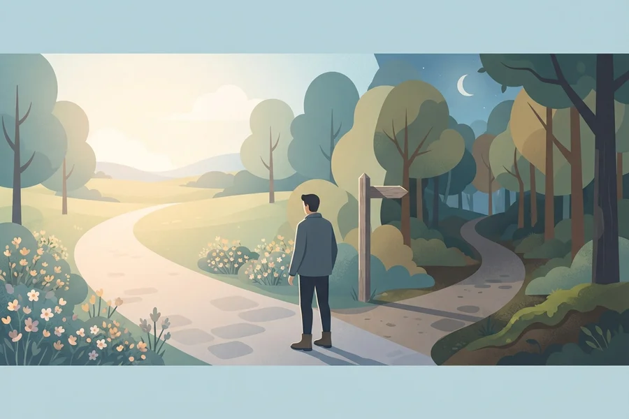 A person standing at a signpost where one path leads toward open light and the other into a darker wood.