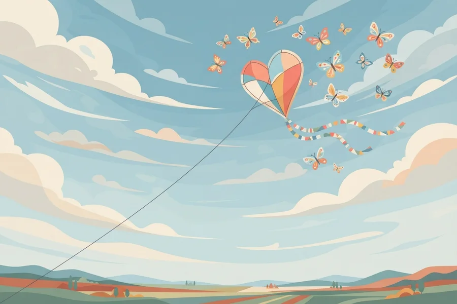 A heart-shaped kite flying in a blue sky surrounded by colorful butterflies.