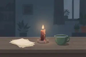 A lit candle, a stack of papers, and a cup of coffee on a dark wooden desk in a dim room.