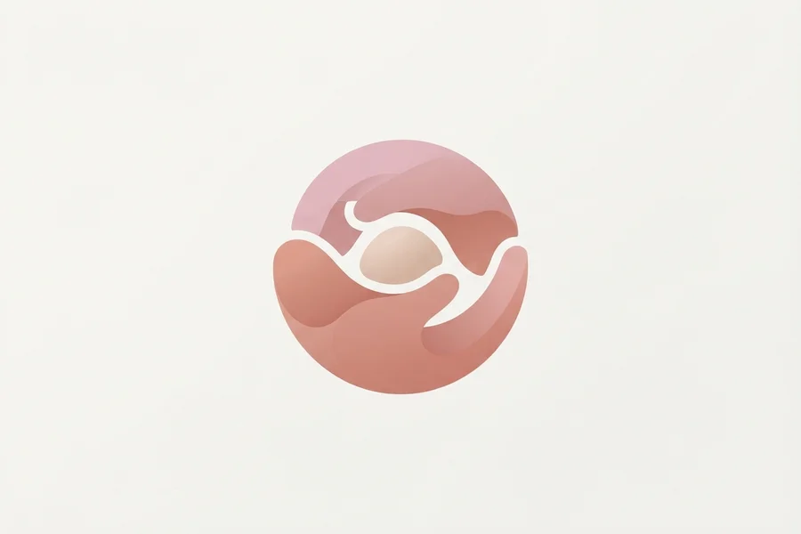 Two soft-edged rose-toned shapes cupped together inside a circle, like a pair of hands forming a protective curve.