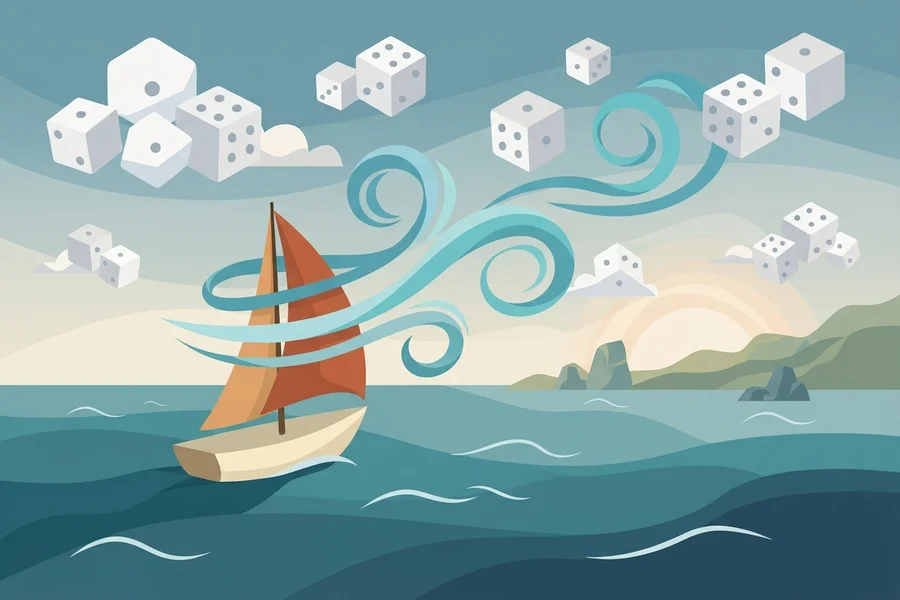 A sailboat pushed along by a wind made of tumbling dice.