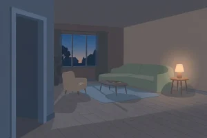 Illustration of an empty living room at dusk, softly lit by a single lamp, with a sofa, an armchair, and a window showing the sunset outside.