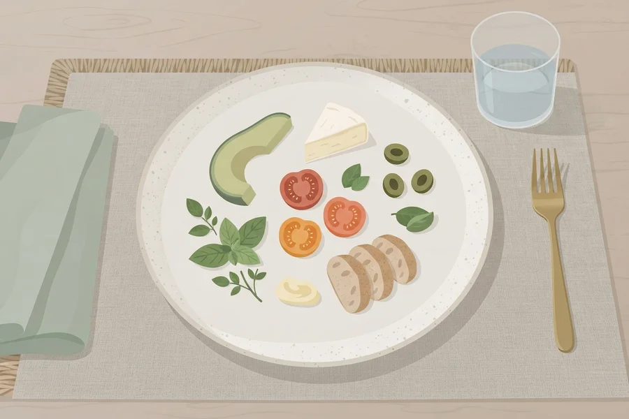 Plato con una selección reducida de alimentos concretos —aguacate, queso, tomate, aceitunas, pan— colocados por separado.