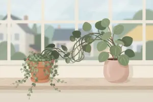 Two houseplants on a windowsill, with the vines from one trailing across to tangle with the other's leaves.