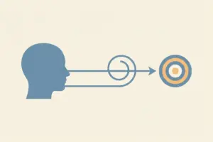 Line icon of a head in profile with a line that loops once and straightens into an arrow pointing at a target.