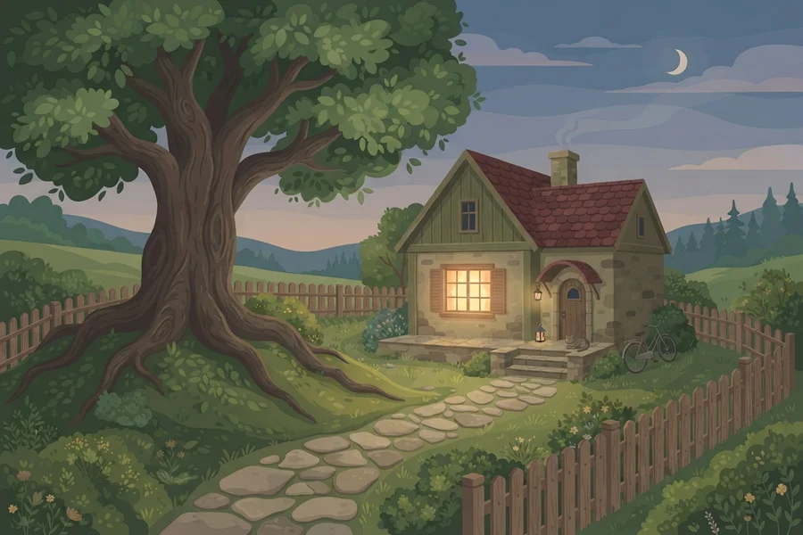 Illustration of a small house glowing warmly at night beneath a large old tree.