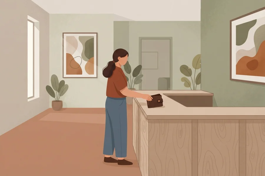 A woman setting a found wallet down at an empty reception desk