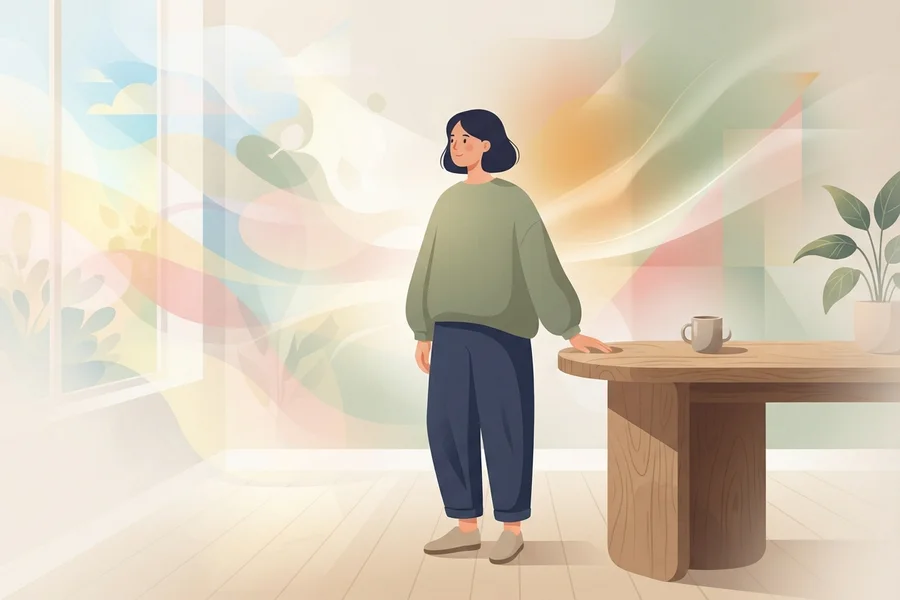 Una mujer de pie junto a una mesa, rodeada de formas de colores translúcidas que se mezclan con la habitación.