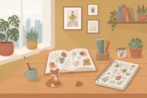 A creative desk corner with an open sketchbook, colored pencils, a small notebook, and a fox figurine surrounded by houseplants.