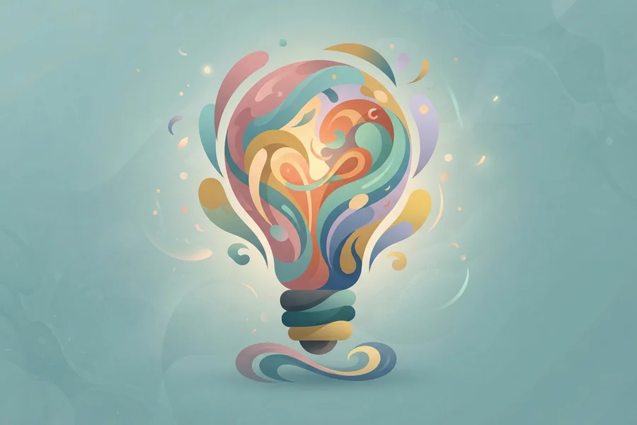 Bombilla formada por remolinos de colores, como ideas en movimiento.