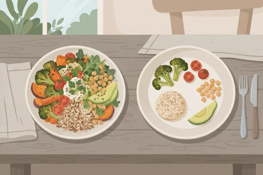Dos platos uno junto al otro: uno con los ingredientes mezclados en un bol, el otro con los mismos ingredientes separados en grupos.