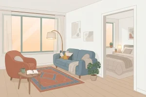 Illustration of a cozy living room at dusk, lit by a floor lamp beside a sofa with cushions, an open book, and a cup on the table, with a bedroom visible through the doorway.