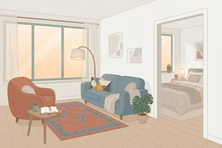 Illustration of a cozy living room at dusk, lit by a floor lamp beside a sofa with cushions, an open book, and a cup on the table, with a bedroom visible through the doorway.