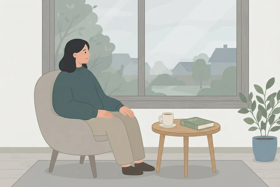 Persona sentada junto a una ventana, con una taza y un libro sobre la mesa, mirando hacia afuera en un día gris.