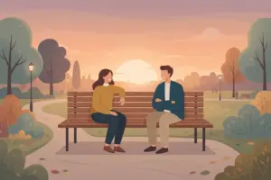 Two people sitting together on a park bench at sunset, talking.