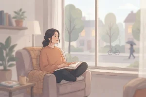 Illustration of a woman sitting in an armchair by the window, looking out while holding an open book.