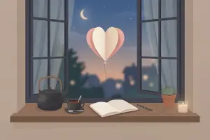 A cozy nighttime windowsill with tea, an open journal, and a heart-shaped paper balloon outside against a crescent moon.