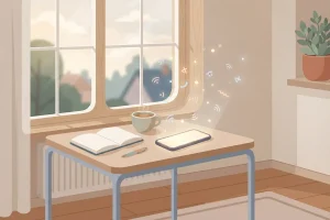 A desk by a window with an open notebook, a mug of tea, and a glowing phone with small signal icons floating above it