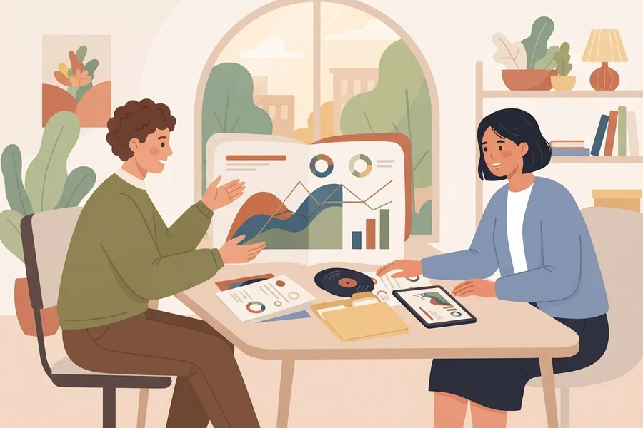 Dos personas conversan en una mesa con gráficos, carpetas y una tableta.
