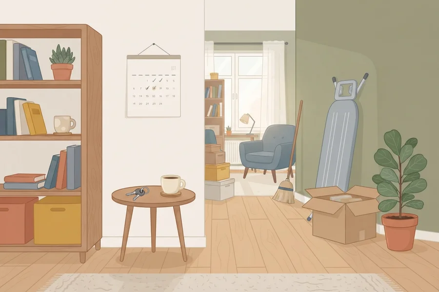 Ilustración de un salón con una estantería de libros, un calendario con tareas marcadas en la pared, una taza de café y unas llaves sobre una mesita, y al fondo una sala con una silla de lectura y algunas cajas de mudanza todavía sin deshacer.
