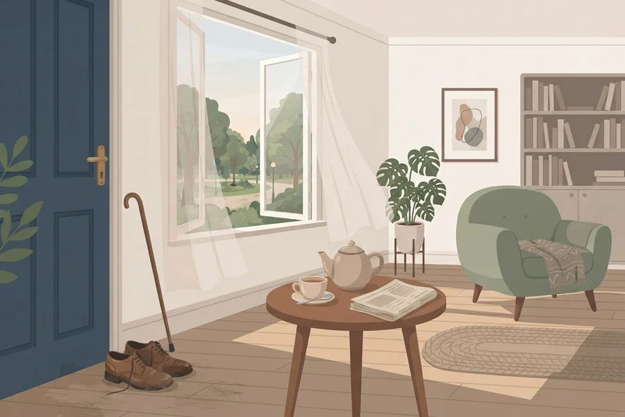 Ilustración de un salón con una ventana abierta a un parque, un bastón apoyado junto a la ventana, unos zapatos junto a la puerta, y una mesa con una tetera, una taza y un periódico doblado, junto a un sillón con manta.