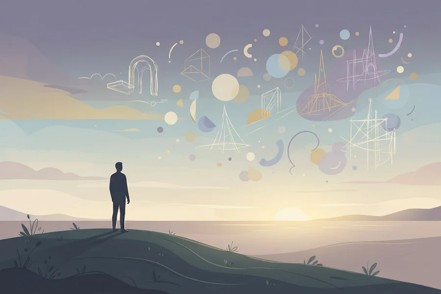 Una persona de pie en una colina al atardecer, mirando un cielo lleno de formas geométricas abstractas y luces, como ideas flotando en el aire.