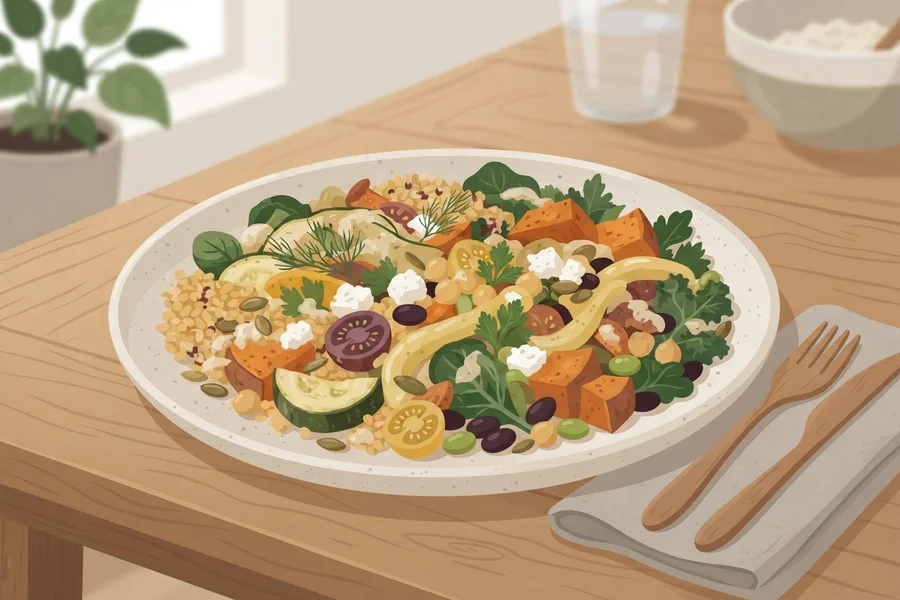 Plato colorido con una gran variedad de ingredientes distintos: verduras, granos, boniato y más, mezclados sin separaciones.