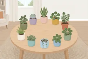 Illustration of many different potted plants arranged on a round table
