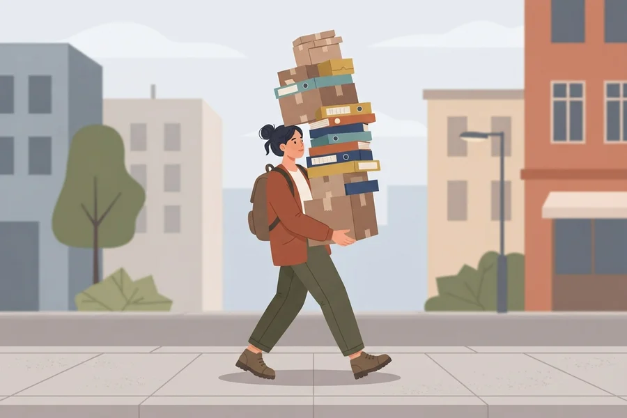Una persona camina por una calle cargando una pila alta de cajas y carpetas.