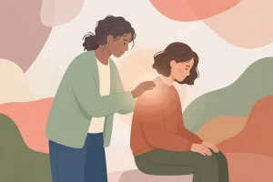 Illustration of one person resting a supportive hand on the shoulder of another person who looks down and upset, with a warm glow where their hands meet.