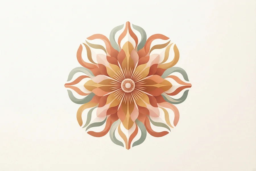 A symmetrical flower with wavy, flame-like petals in warm coral, gold, and sage tones around a glowing center.