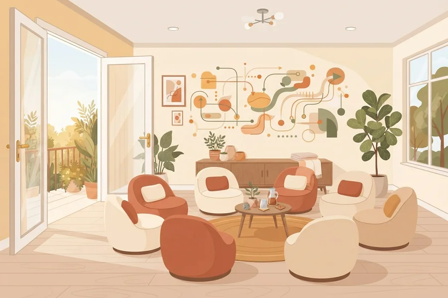 Salón luminoso con varios sillones en círculo alrededor de una mesa baja y puertas abiertas hacia una terraza soleada.